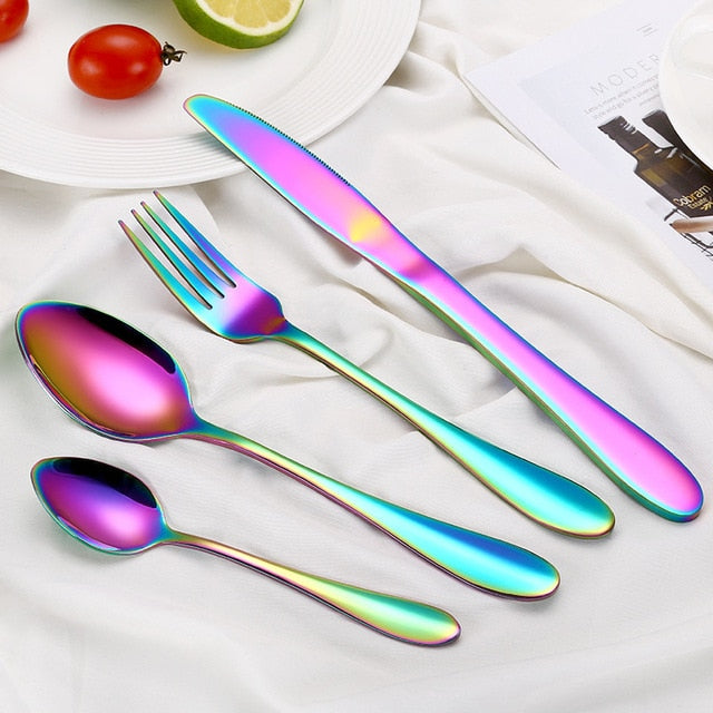 2018 Multi-Colors Rainbow Cutlery Set Dinnerware Set Black Cutlery Kit Fork Knife Stainless Steel Silverware Home Tableware Set